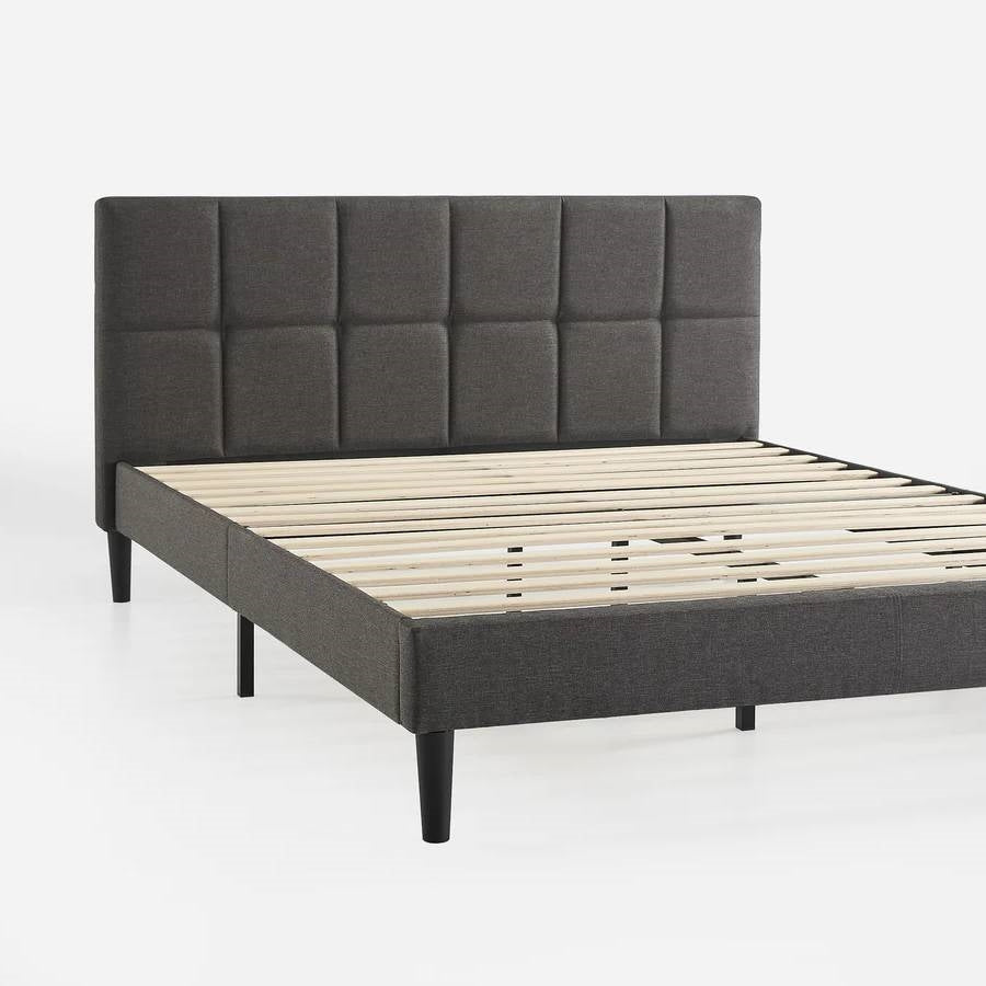 King Size Grey Upholstered Platform Bed Frame with Padded Headboard