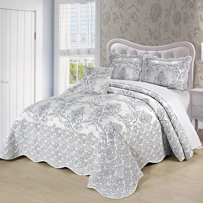 King Size White Damask Embroidered 4 Piece Oversized Bedspread Set