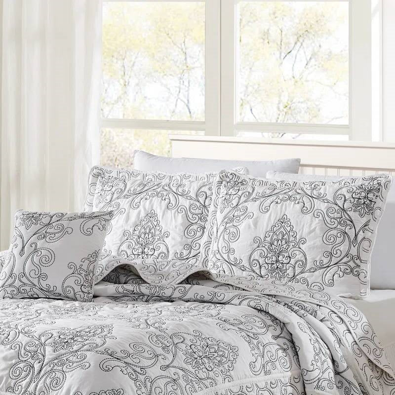 King Size White Damask Embroidered 4 Piece Oversized Bedspread Set
