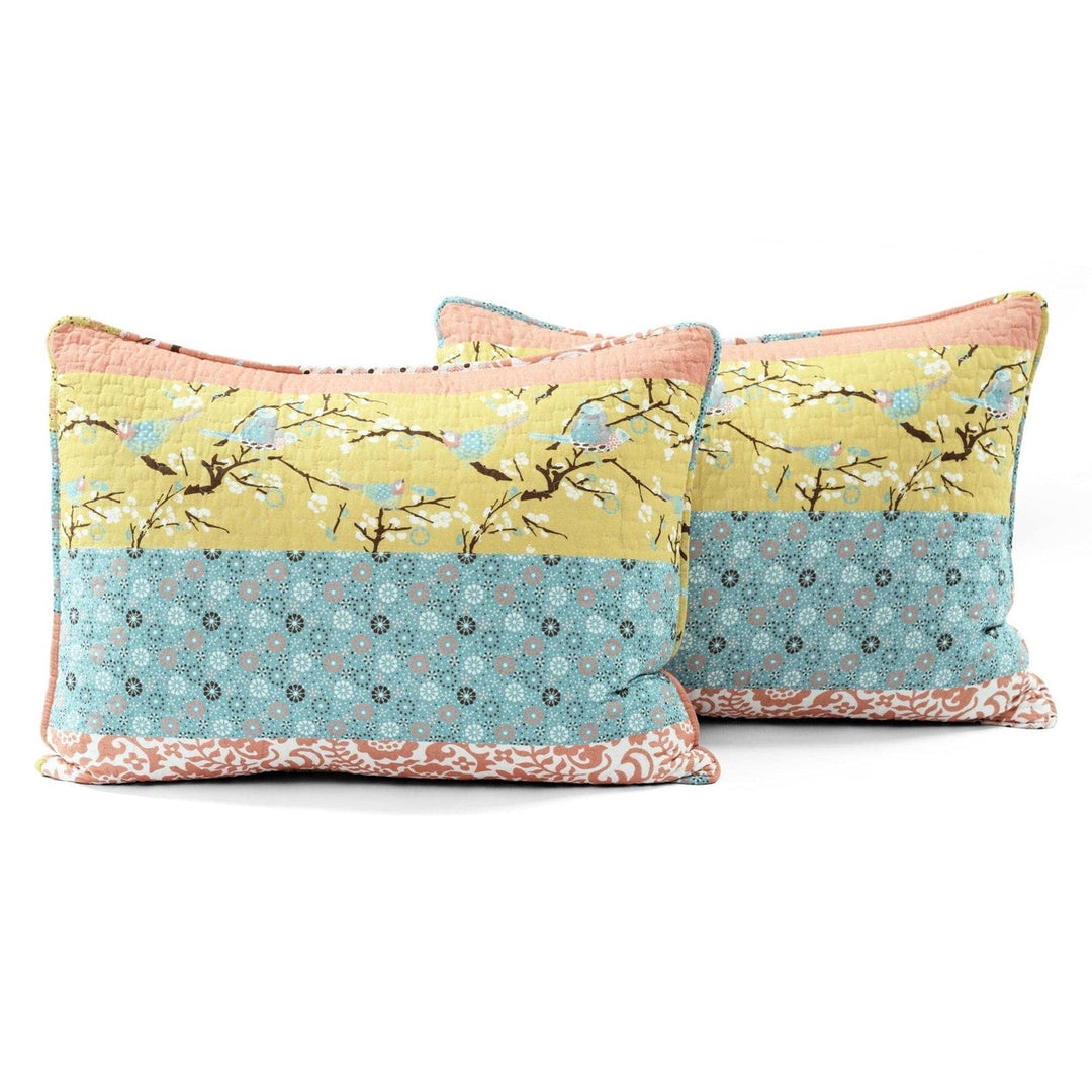 King Size Blue Yellow Pink Ivory Boho Floral Reversible Lightweight Quilt Set