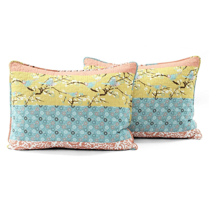 King Size Blue Yellow Pink Ivory Boho Floral Reversible Lightweight Quilt Set