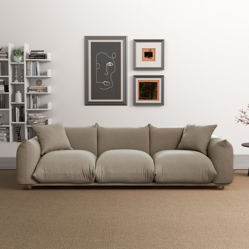 Kely 100'' Mocha Boucle Upholstered Sofa Front View With Background