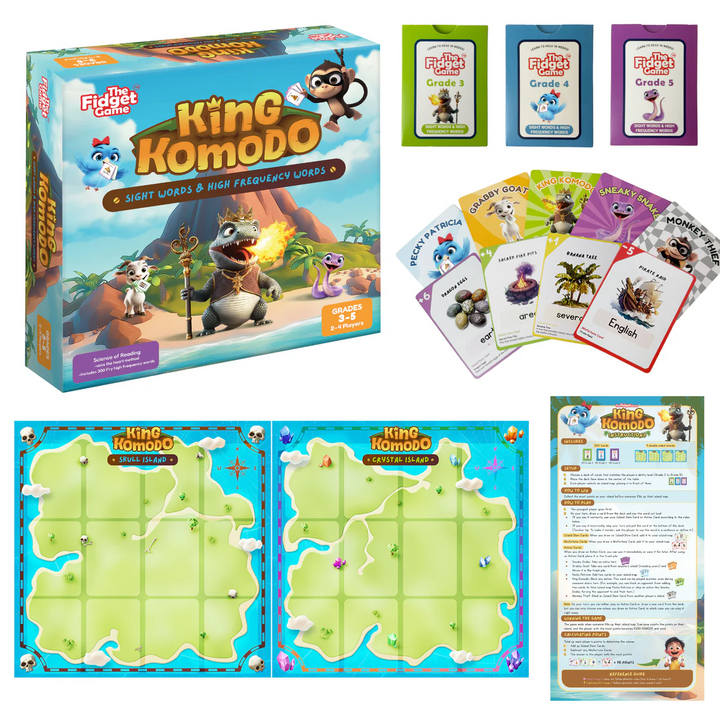 King Komodo educational game set with cards, maps and a box.