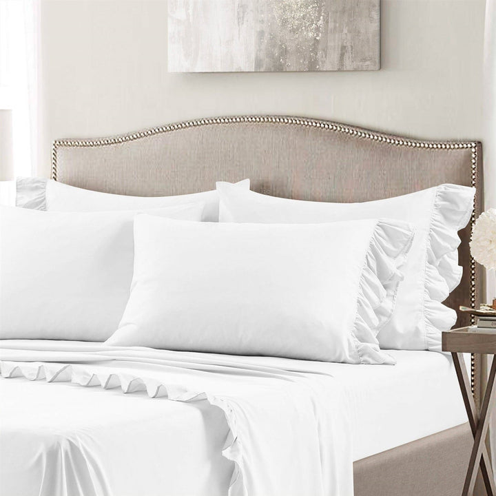Queen Size 6-Piece White Microfiber Sheet Set with Ruffled Edges