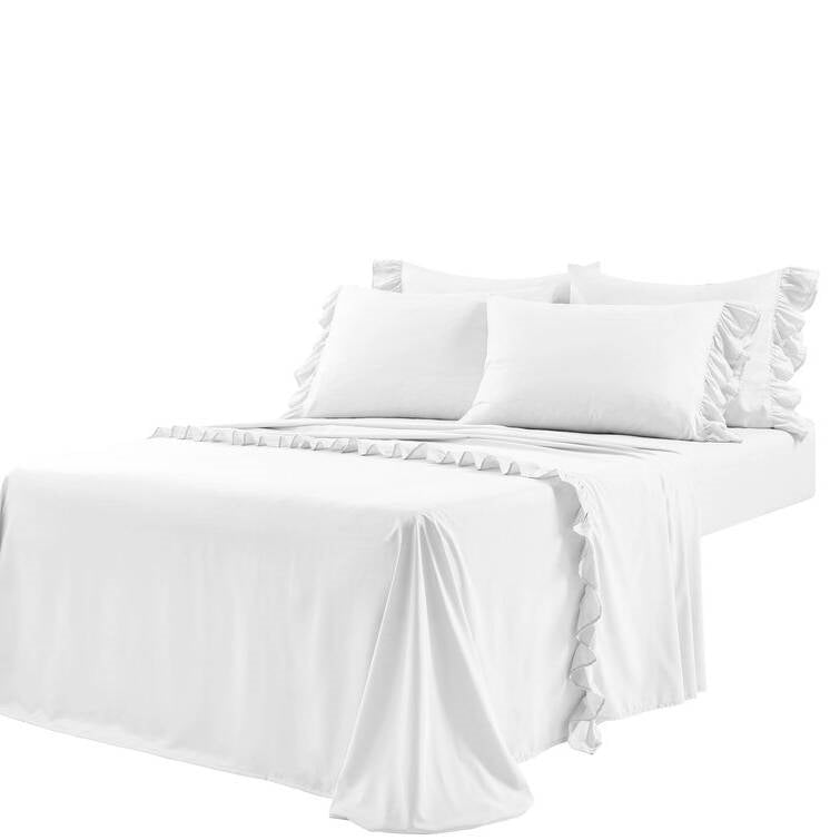 Queen Size 6-Piece White Microfiber Sheet Set with Ruffled Edges