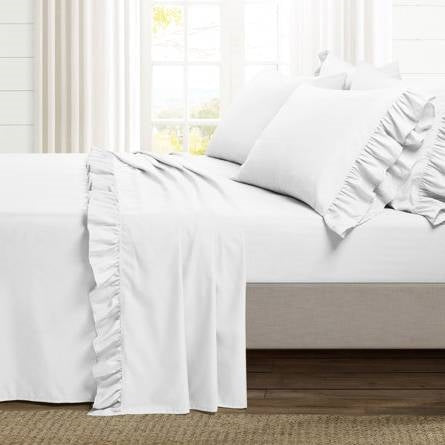 Queen Size 6-Piece White Microfiber Sheet Set with Ruffled Edges