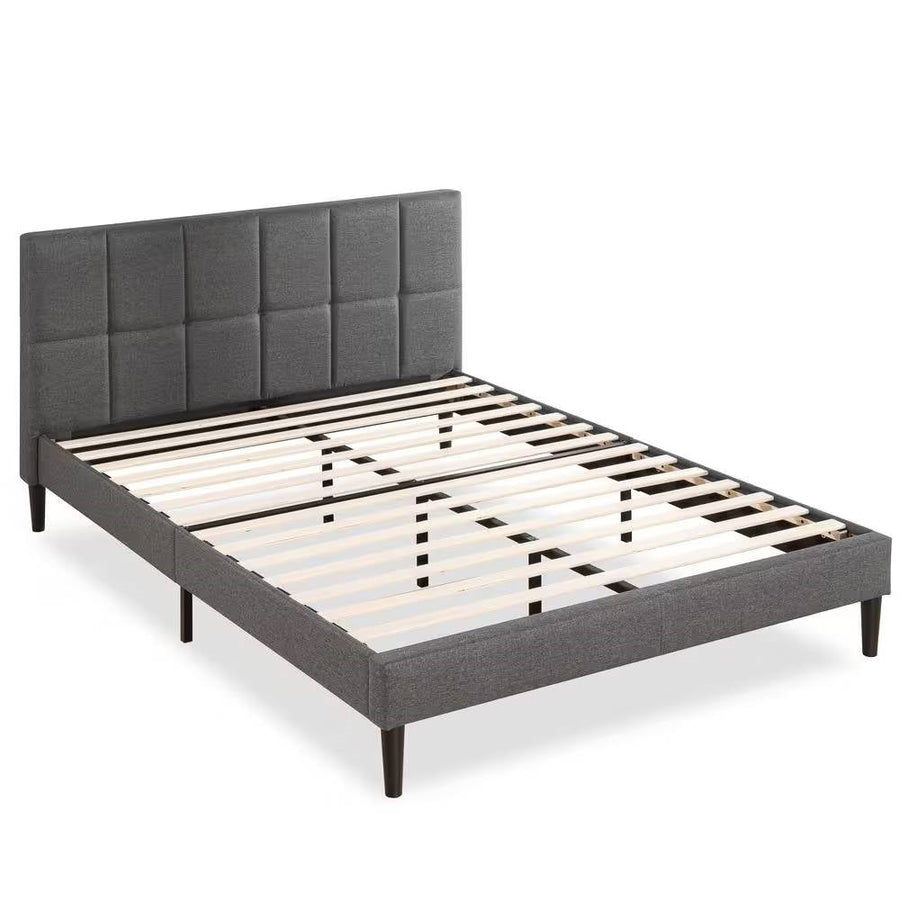Queen Size Grey Upholstered Platform Bed Frame with Padded Headboard