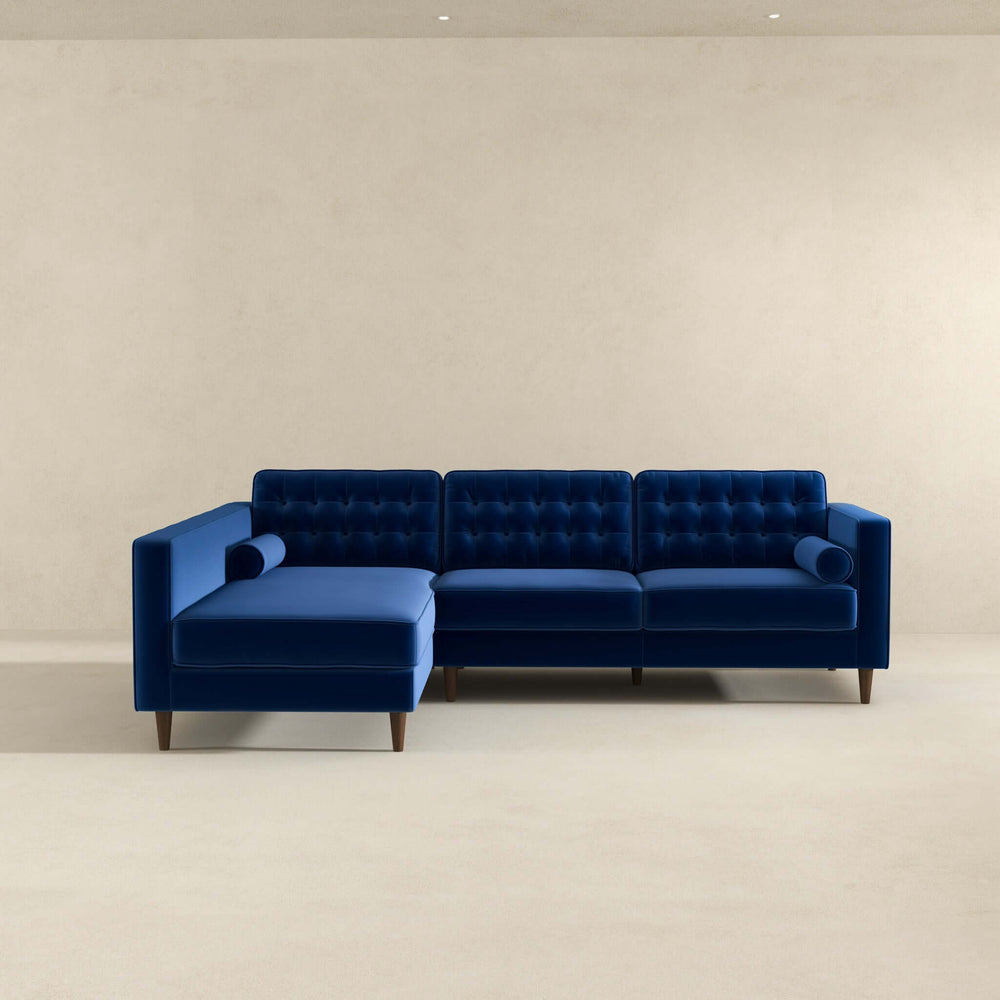 Christian Blue Velvet Sectional Sofa Left Facing Front