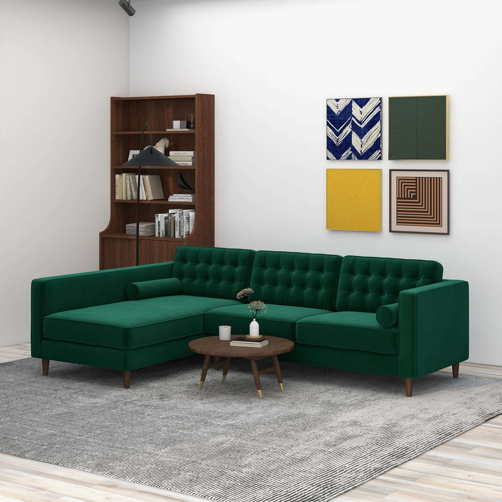 Christian Green Velvet Sectional Sofa Left Facing with Background