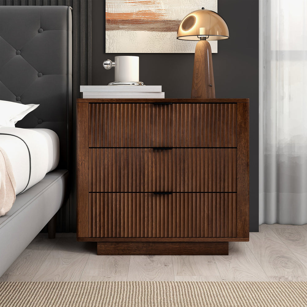 Lola Walnut Nightstand 3-Drawer Front View