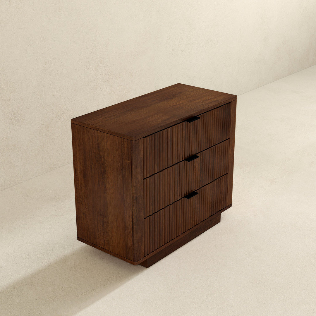 Lola Walnut Nightstand 3-Drawer Right Angle