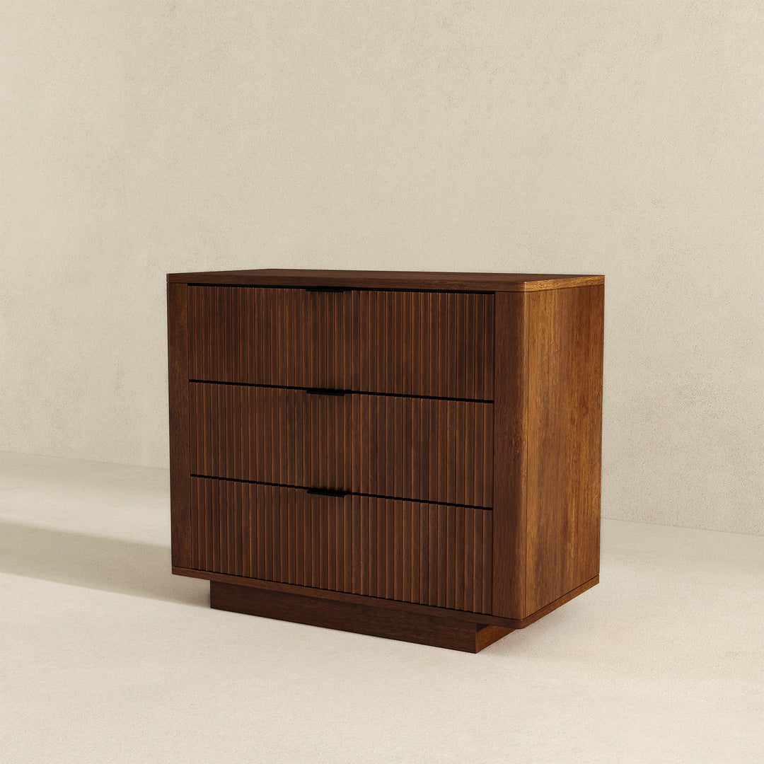 Lola Walnut Nightstand 3-Drawer Left Angle