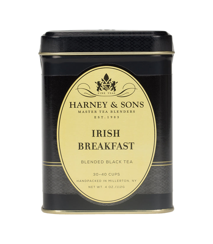 Harney and Sons Irish Breakfast tea canister on a white background.
