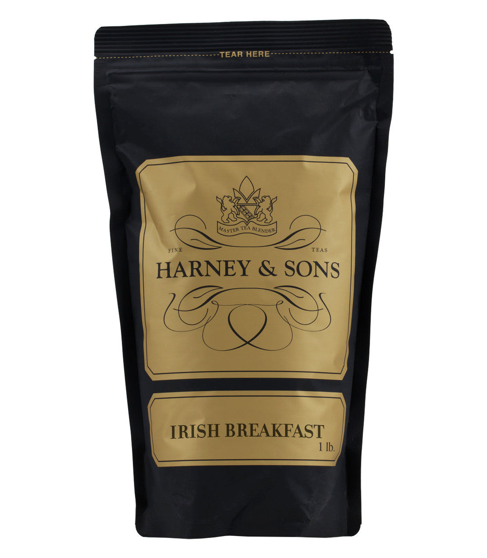 Harney and Sons Irish Breakfast tea package on a white background.