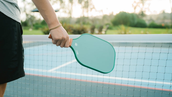 Person holding a pickleball paddle on a court with a blurred background