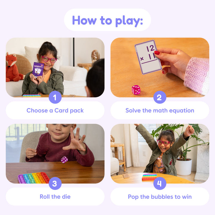 Instructions for a math game with children playing and showing cards and dice.