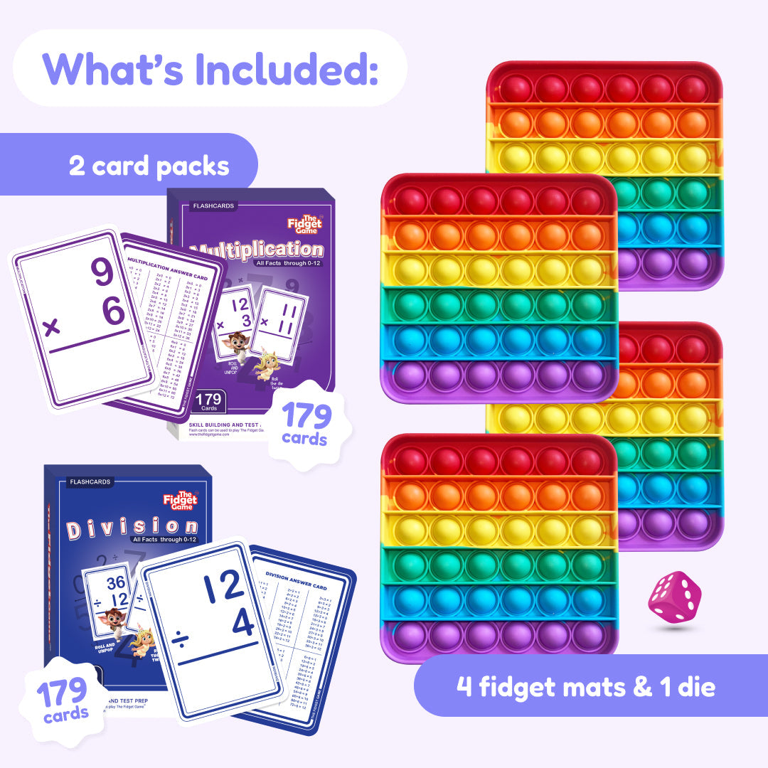 Educational card packs with multiplication and division problems, colorful fidget mats, and a die on a white background.