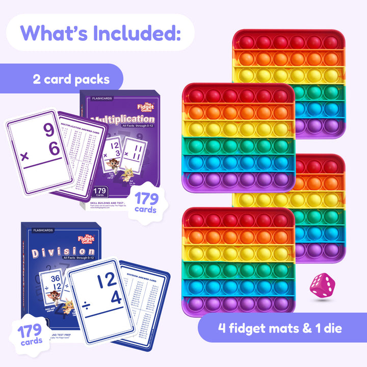 Educational card packs with multiplication and division problems, colorful fidget mats, and a die on a white background.