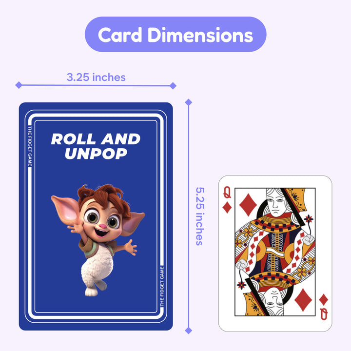 Card dimensions with roll and unpop text and cartoon character on a blue card next to a playing card with a queen illustration.