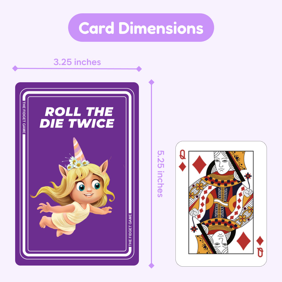 Card dimensions with cartoon character and playing card illustration on a purple background.