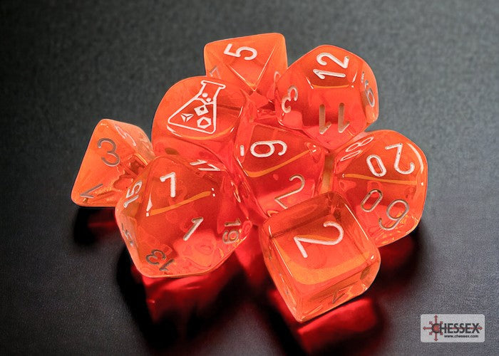 Translucent Polyhedral Neon Orange/white 7-Die Set (with bonus die)