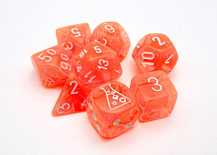 Translucent Polyhedral Neon Orange/white 7-Die Set (with bonus die)