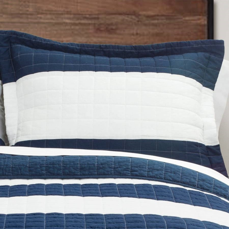 Full/Queen Navy White Stripe 3 Piece Cotton Lightweight Quilt Set