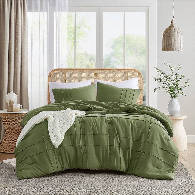 Queen Size Microfiber Pleated Soft Lightweight Comforter Set in Olive Green