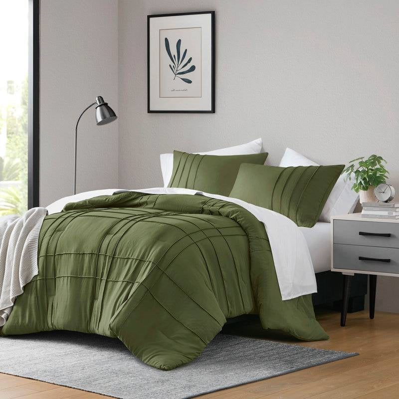 Queen Size Microfiber Pleated Soft Lightweight Comforter Set in Olive Green