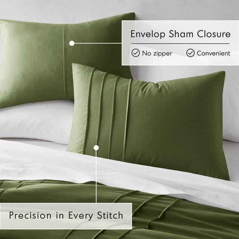 Queen Size Microfiber Pleated Soft Lightweight Comforter Set in Olive Green