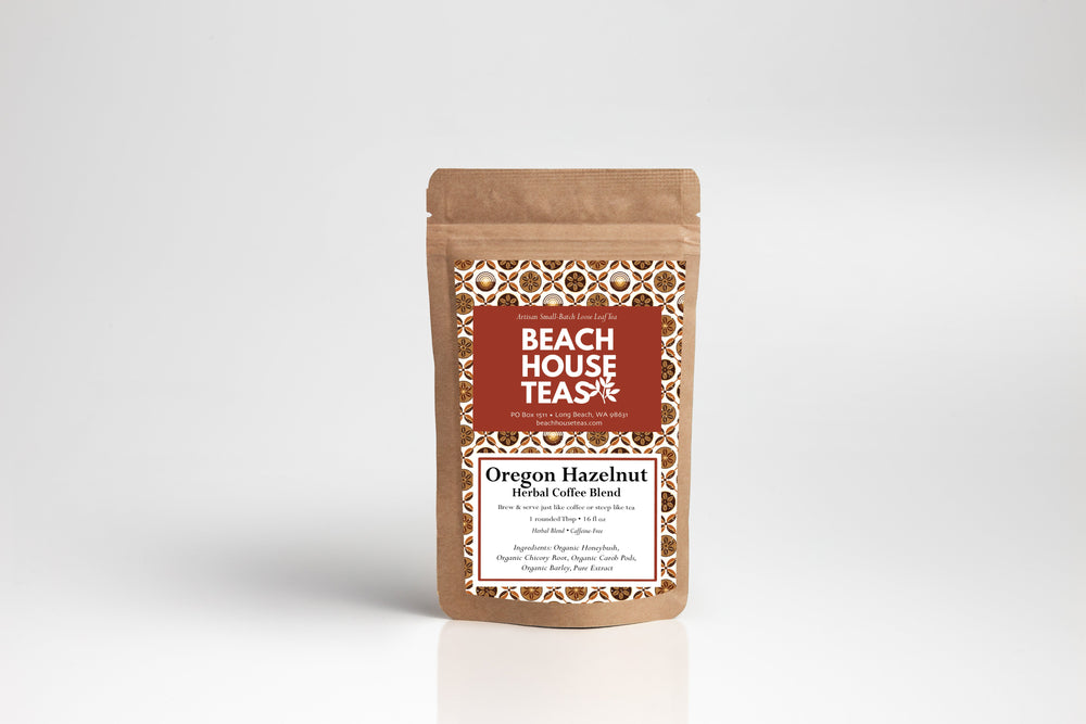 Beach House Teas Oregon Hazelnut Blend coffee blend packaging on a white background.