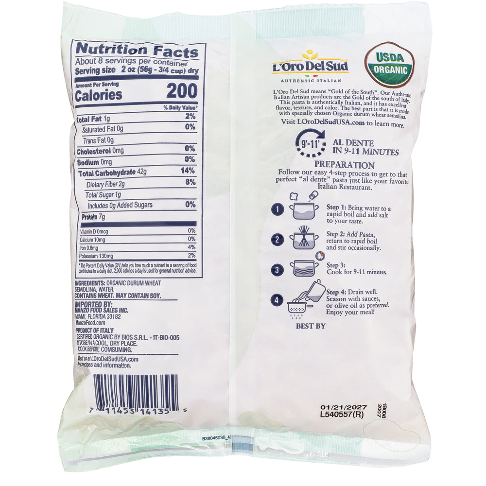 L'Oro Del Sud, Organic Ditalini Pasta, 20 Pack x 1 lbs.
