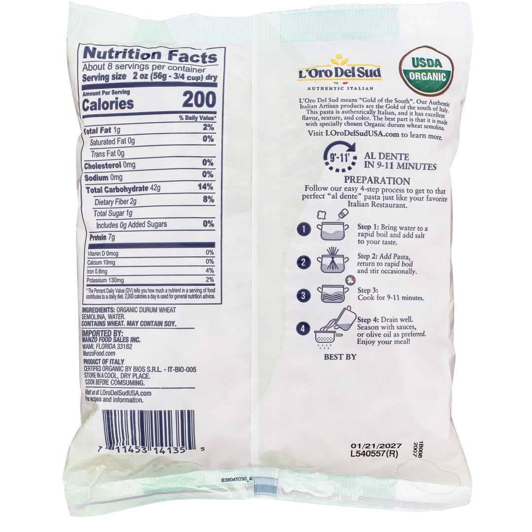 L'Oro Del Sud, Organic Ditalini Pasta, 20 Pack x 1 lbs.