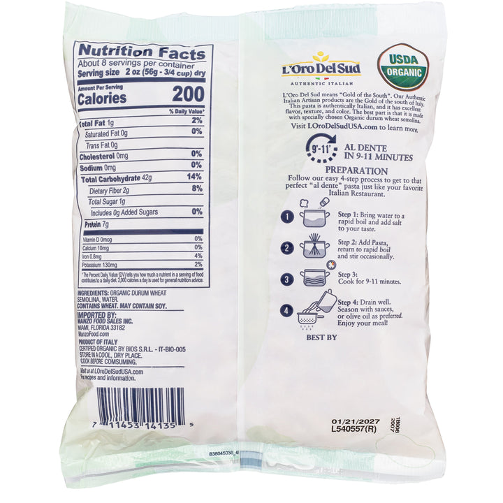 L'Oro Del Sud, Organic Ditalini Pasta, 20 Pack x 1 lbs.