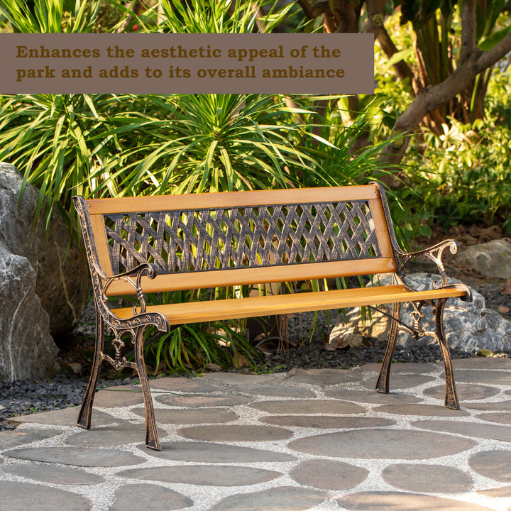 Outdoor Classical Wooden Slated Park Bench, Steel Frame Seating Bench for Yard, Patio, Garden, Balcony, and Deck Picture 3