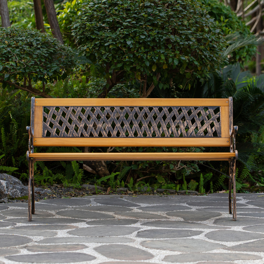 Outdoor Classical Wooden Slated Park Bench, Steel Frame Seating Bench for Yard, Patio, Garden, Balcony, and Deck Outdoor Photo