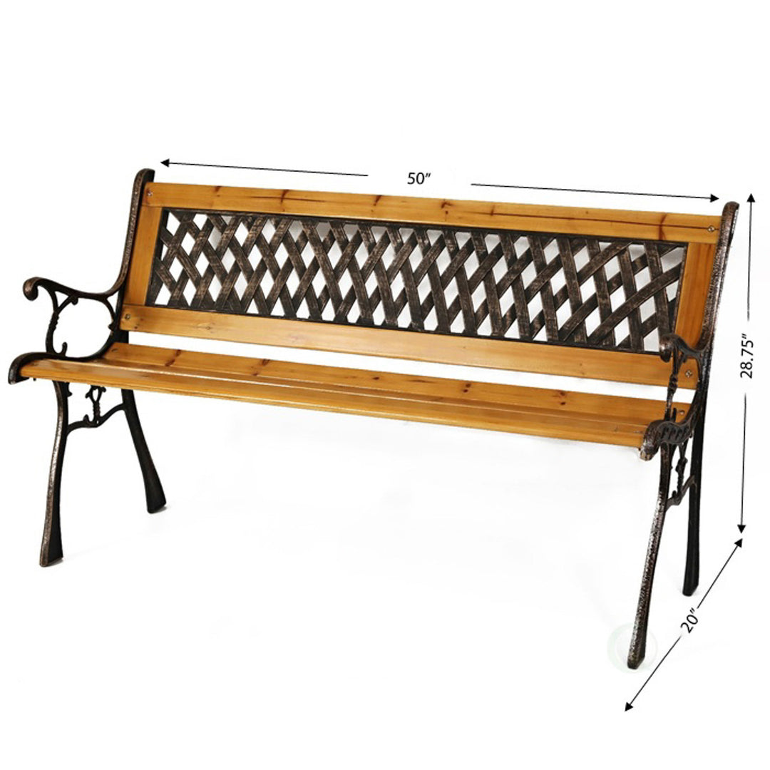 Outdoor Classical Wooden Slated Park Bench, Steel Frame Seating Bench for Yard, Patio, Garden, Balcony, and Deck Dimensions.