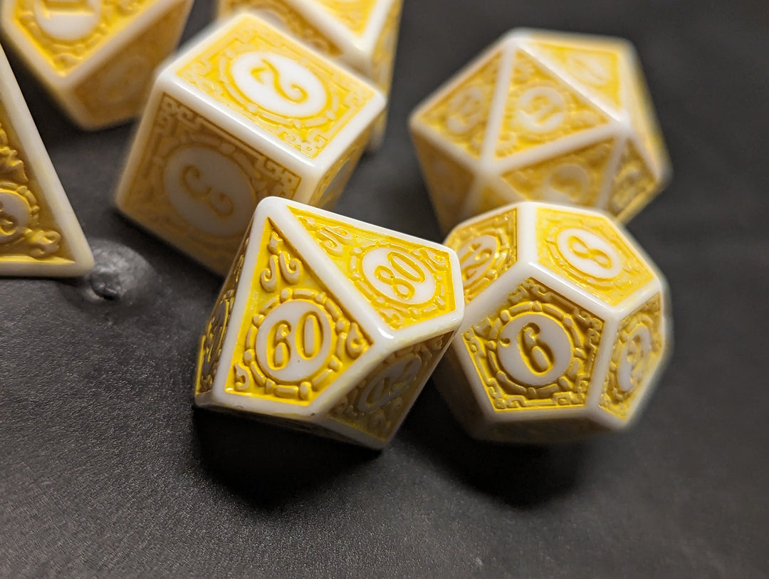 White & Yellow Magic Flame 7-Dice Set DND RPG Dice Yellow Color Fill