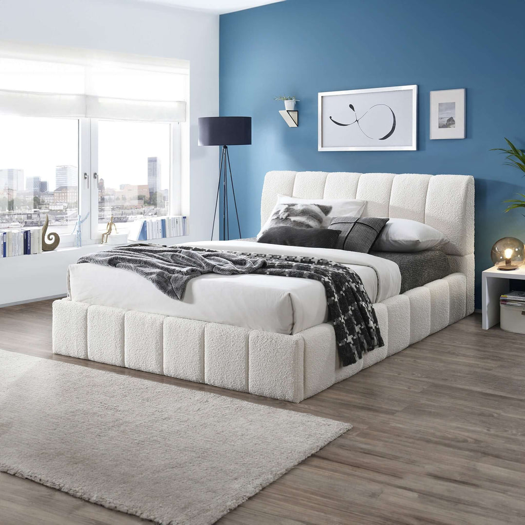 Hilar White Boucle Platform Bed Queen