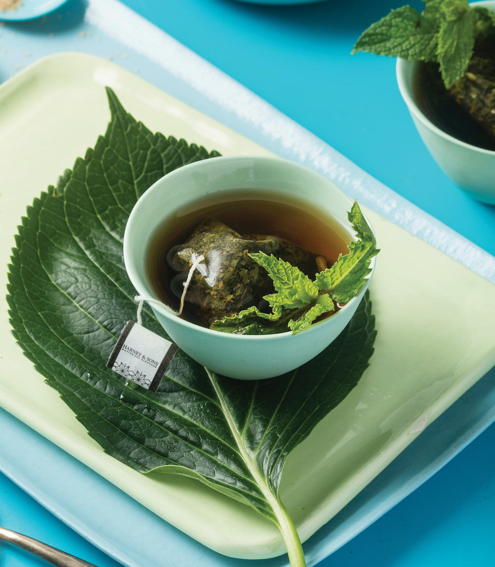 Tea cup with tea bag and mint leaves on a large green leaf, on a light blue tray.