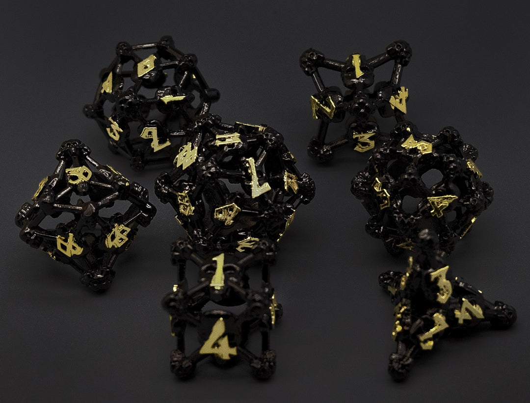 Black w/Gold Deadly Skull Dice Hollow Metal 7-Dice Set