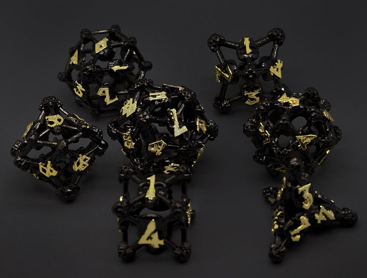 Black w/Gold Deadly Skull Dice Hollow Metal 7-Dice Set