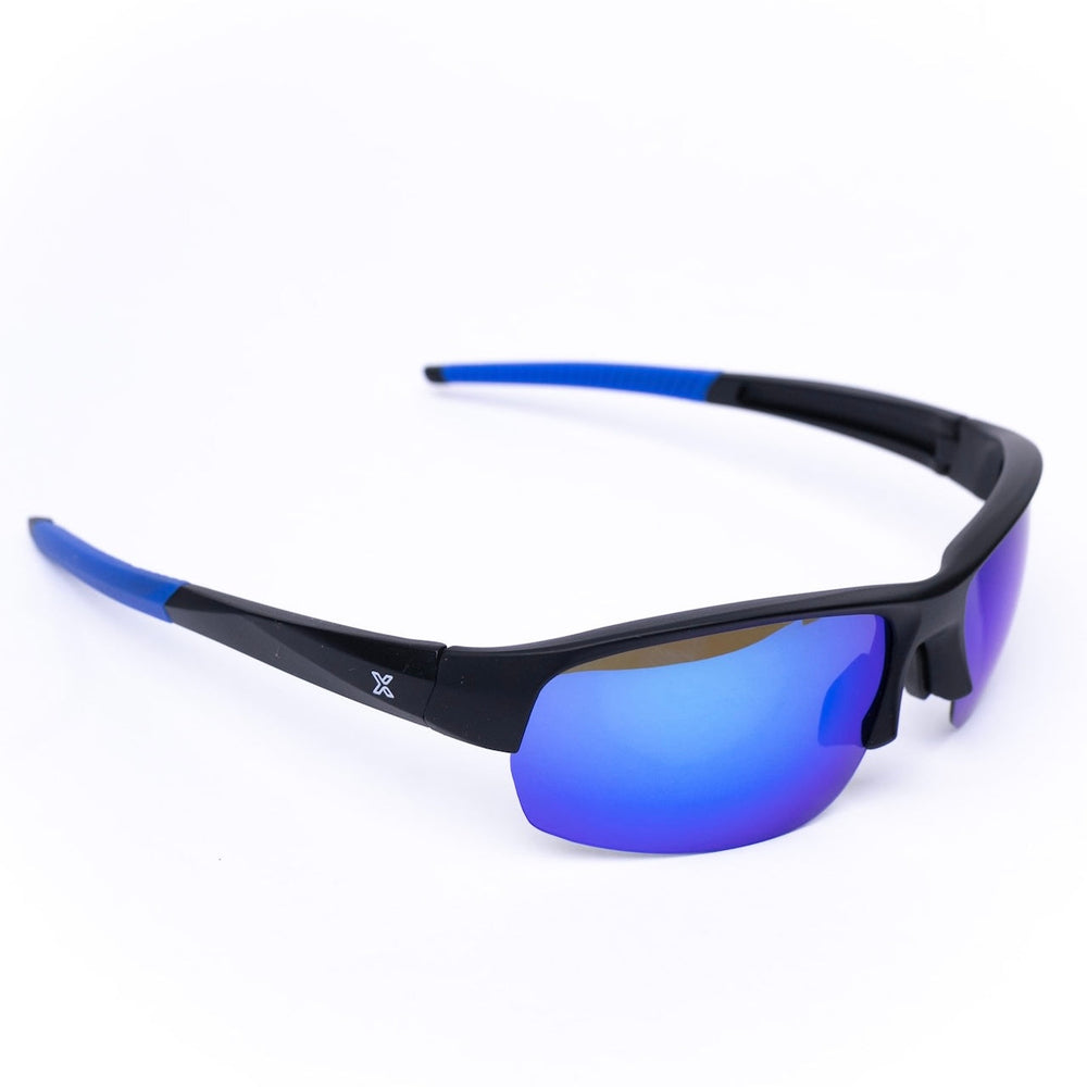 Sunglasses with blue reflective lenses and black frame on a white background.