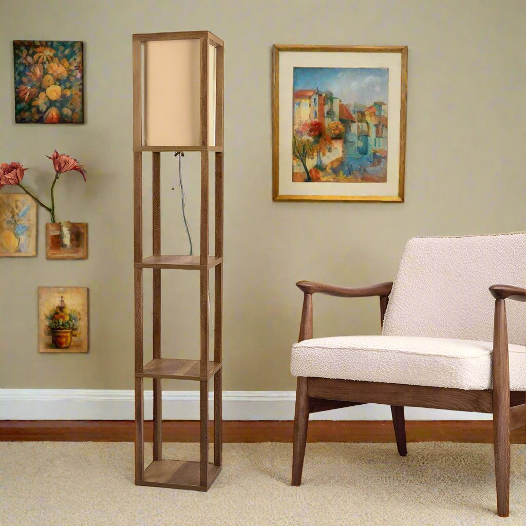 Pinnacle Shelf Floor Lamp for Bedroom/Living Room, Natural Wood with Long Shade Photo in Room.