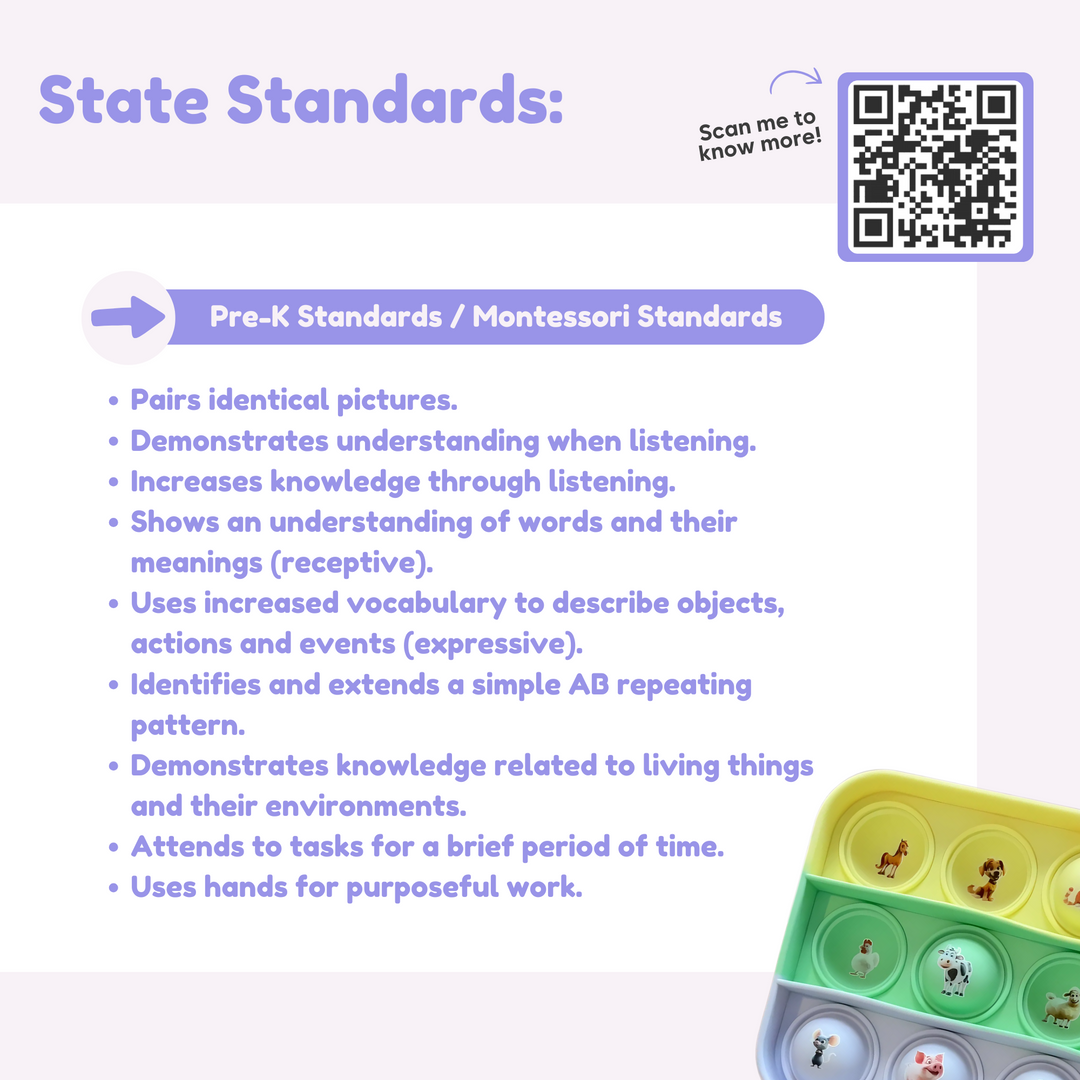 Educational material with Pre-K standards/Montessori dtandards and a QR code on a white background.