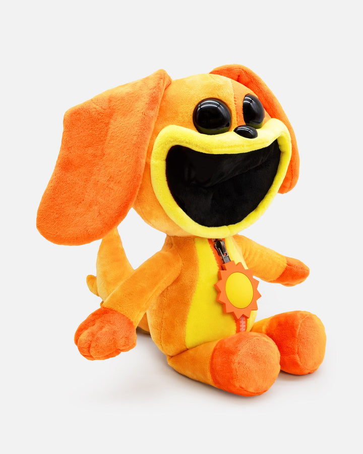 Plush toy dog with a happy expression on a white background.