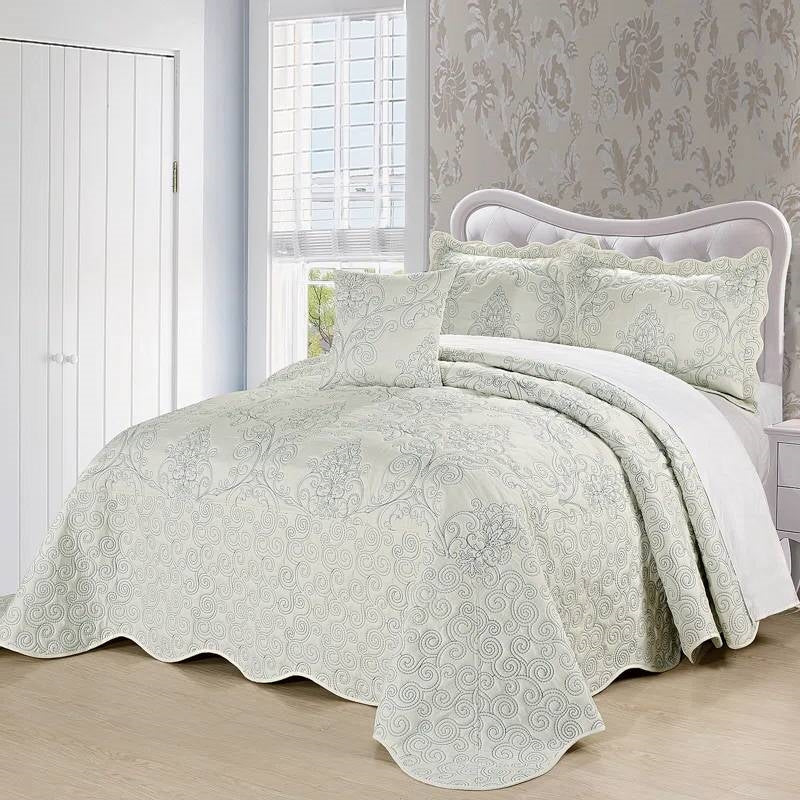 Queen Size Antique White Damask Embroidered 4 Piece Oversized Bedspread Set