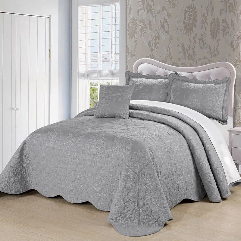 Queen Size Ash Grey Damask Embroidered 4 Piece Oversized Bedspread Set