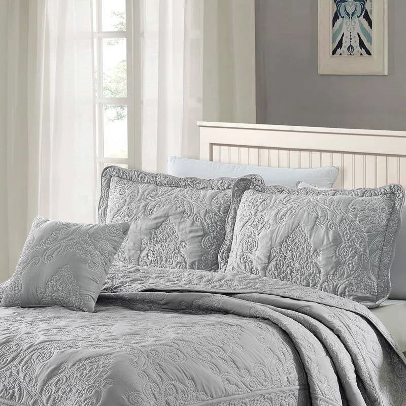 Queen Size Ash Grey Damask Embroidered 4 Piece Oversized Bedspread Set