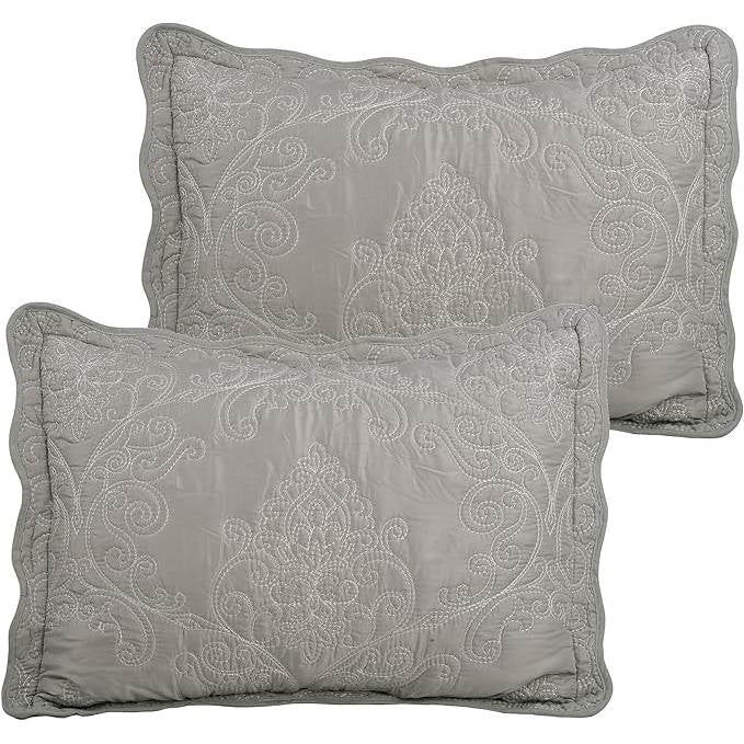 Queen Size Ash Grey Damask Embroidered 4 Piece Oversized Bedspread Set